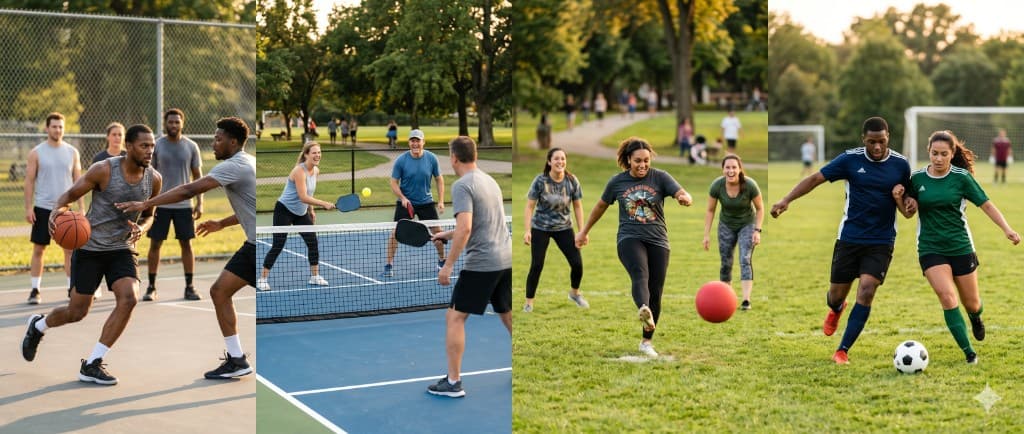 People playing basketball, pickleball, kickball, and soccer at local pickup games